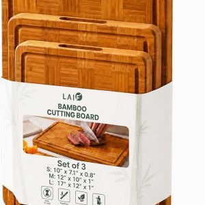 LAIFsolutions Wood Cutting Boards for Kitchen with Juice Groove, Eco-Friendly Wooden Bamboo Chopping board, Food-Safe, Non Plastic Tabla Para, Carbonized Butcher Block for Meat, Veggies Fruits, 3-Set