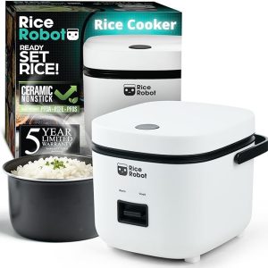 Rice Robot Personal Rice Cooker, PFAS-free, Nonstick. 1 Quart Capacity, with Stainless Steel Steamer Tray, Measuring Cups, Recipe Book with 60 Recipes, and Serving Spoon