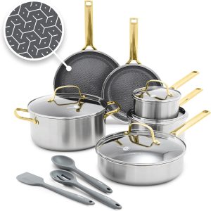 Stainless Steel Cookware Set, APEX Tri-Ply Thermobond PFAS-Free Ceramic Pots & Pans, Induction & All Cooktop Compatible, Oven Temp to 850°F, Dishwasher Safe
