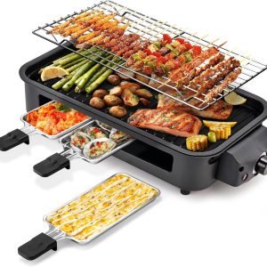 Pukomc Electric Indoor Grill,2 in 1 Indoor Grills for Kitchen | Smokeless Grill Net & Non-Stick Cooking Removable Plate, Temperature Control, Dishwasher Safe, 1700W Black